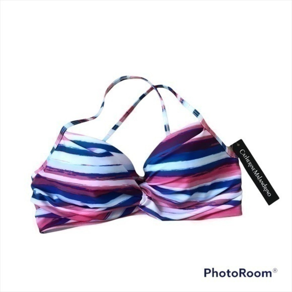Catherine Malandrino pink, purple, & white striped bikini top sz S NWT